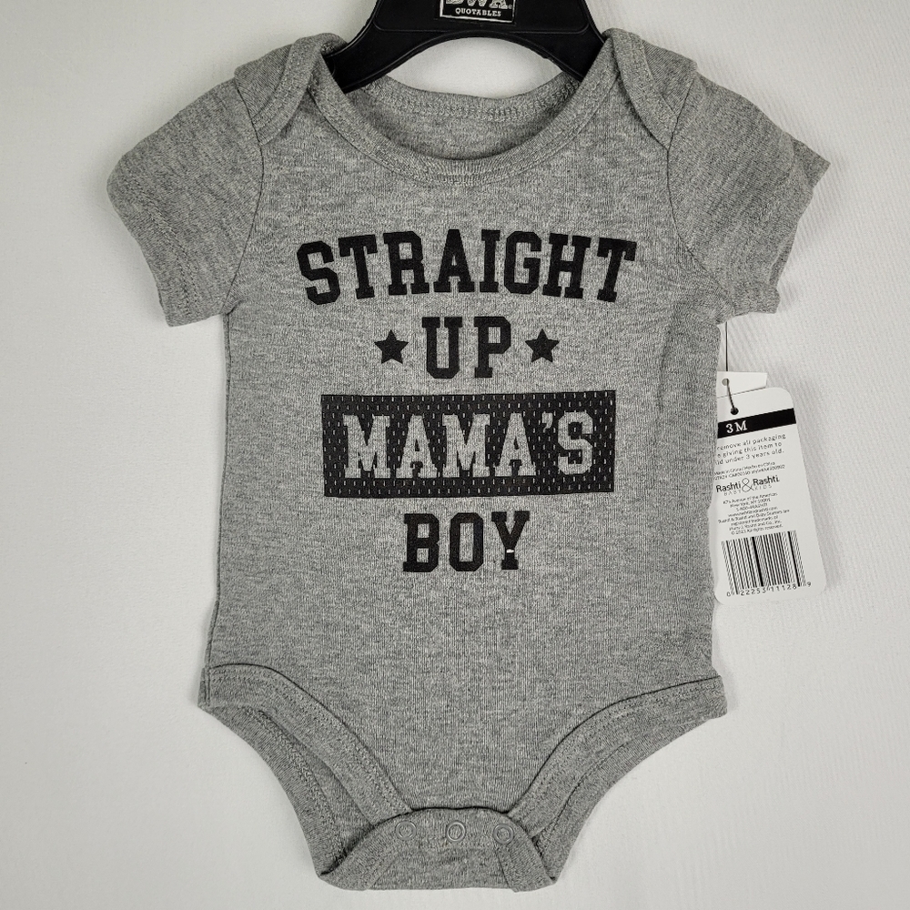 NWT Baby Starters Gray "Straight Up Mama's Boy" S/S One Pc Bodysuit Sz 3 Months